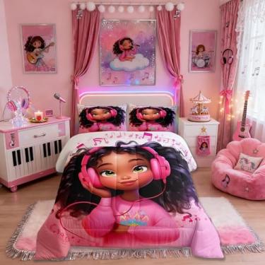 Imagem de Manfei Jogo de cama solteiro para meninas negras, fones de ouvido com notas musicais, edredom de princesa adorável para meninos e adolescentes, decoração de quarto preto e rosa para todas as estações