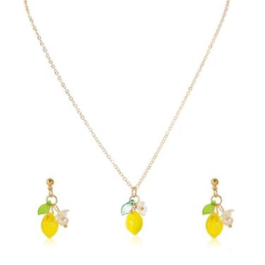 Imagem de LANWLOSI Conjunto de joias de limão para mulheres, colar com pingente de limão amarelo fofo, limões leves com folha verde, brincos pendentes com tema de frutas, acessórios de joias para festas diárias