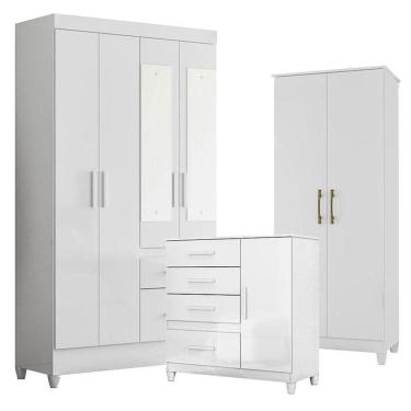 Imagem de Guarda Roupa Com Espelho Infantil Madri Com Cômoda Vênus Com Pés E Multiuso Jade Branco Brilho - Moval