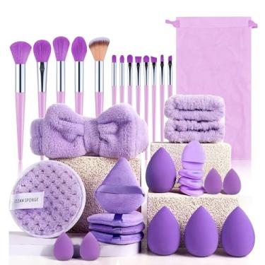 Imagem de Conjunto de pincéis de maquiagem e esponja de maquiagem (roxo) – 34 peças, 13 pincéis, 4 esponjas, 4 esponjas, 4 esponjas triangulares, 4 puffs de dedo, 1 esponja de limpeza, 1 faixa de cabeça, 1