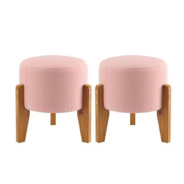 Imagem de Kit 2 Puffs Odin Decorativos Redondos Estofados com Pés Palito em Madeira – Puff Banqueta Elegante(Rosa)