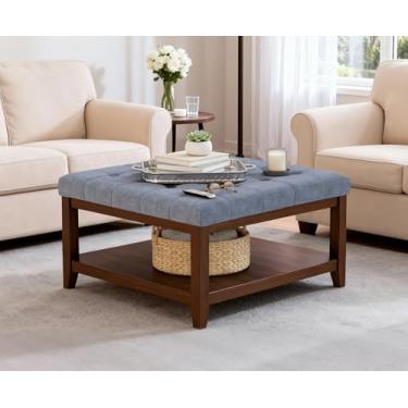 Imagem de ABHENG Otomana quadrada grande de 80 cm, mesa de sofá de madeira de seringueira sólida com prateleira aberta, banco de pé de até 150 kg, cinza chenille UASND67G