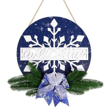Imagem de LHIUEM Guirlanda de floco de neve azul de 30,5 cm, decoração de parede de madeira de inverno azul, bem-vindo, Feliz Natal, gancho de porta, floco de neve, centro de mesa com laço, guirlanda de neve