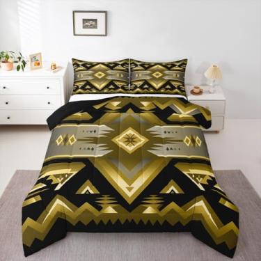 Imagem de jejeloiu Conjunto de edredom boêmio asteca, solteiro, verde, casa de fazenda, estilo exótico, para meninos, meninas, adolescentes, tribal, nativo americano, indiano, edredom para decoração de quarto