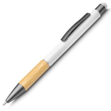 Imagem de Caneta Esferográfica em Alumínio Reciclável com Bambu, Escrita Azul, Ponta Touch, Refil Parker, Executiva (Branco)