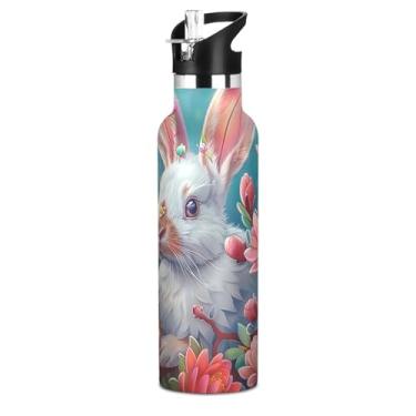 Imagem de Joisal Garrafas de água infantis de coelho branco flor rosa com tampa de palha, garrafa de água isolada de aço inoxidável à prova de vazamento de parede dupla copo infantil para escola viagem esportes