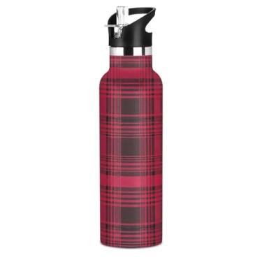 Imagem de Garrafa de água escolar isolada para meninas, clássico vermelho preto xadrez sólido 590 ml parede dupla à prova de vazamento garrafas de água de aço inoxidável copos de viagem para crianças com tampa