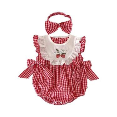Imagem de Macacão Xadrez Vermelho Para Bebês Meninas Com Faixa De Cabeça, Roupa 