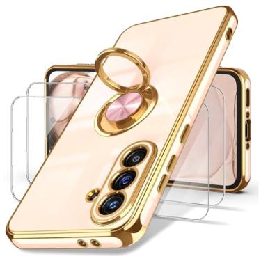 Imagem de Dretal Capa para Samsung Galaxy A37 5G, 2x protetor de tela, suporte magnético giratório de 360°, borda dourada banhada a ouro, capa protetora fina de TPU macio para Galaxy A37 5G (rosa)