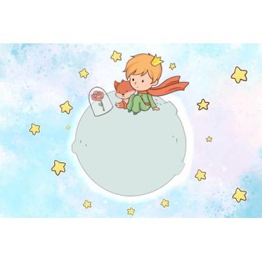 Imagem de Painel de Lona Pequeno Príncipe Raposa e Flor no Planeta Céu e Nuvens 