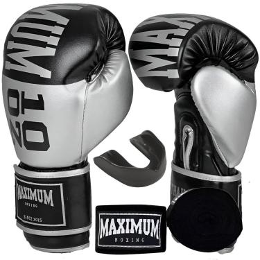 Imagem de Kit Luva de Boxe Muay Thai Kickboxing Intermediária Training Prata com Bandagem e Bucal Maximum-Unissex