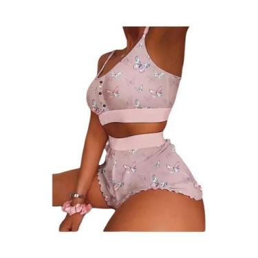 Imagem de Conjunto De Pijama Sexy Feminino 2 Peças Com Estampa, Camisola, Top E 