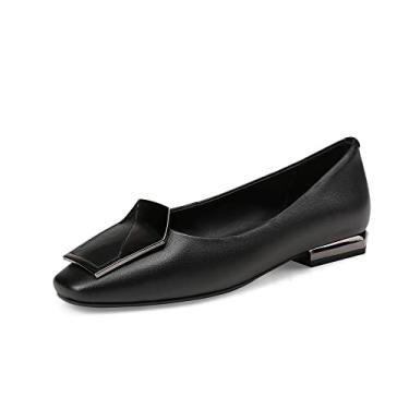 Imagem de TinaCus Sapatos femininos de couro legítimo bico quadrado feito à mão fivela decoração casual sem salto, Preto, 8.5
