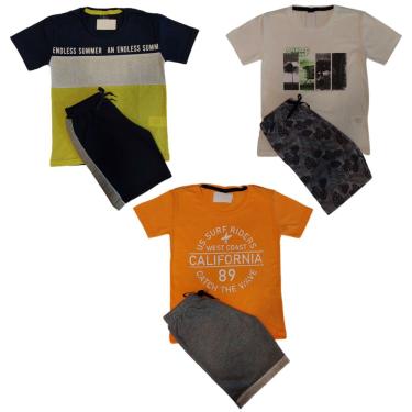 Imagem de Kit 3 Conjuntos Verão Infantil Juvenil Masculino Camiseta reforço na gola Bermuda Moletinho cadarço Roupa Menino 10 - 16