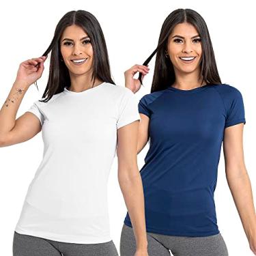 Imagem de Kit 2 Camisetas Feminina Manga Curta Dry Fit Fitness Térmica - Branco/Azul - G