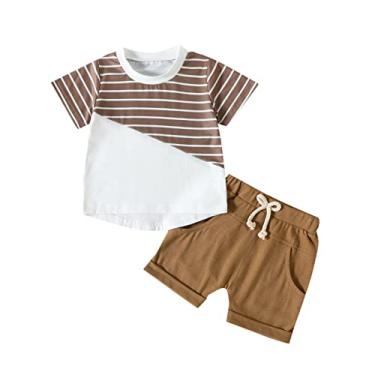 Imagem de 3 peças para meninos e meninas manga curta patchwork listradas estampas camisetas shorts roupas (marrom, 3-6 meses)