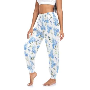 Imagem de Calças de ioga vintage para mulheres calças de treino calças de cintura elástica calças harém de cintura alta, Aquarela de flores azuis, GG