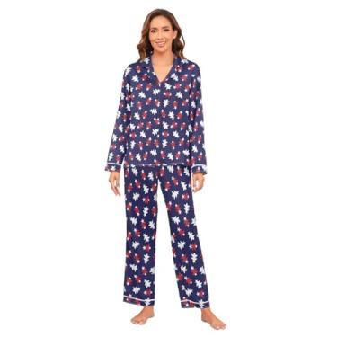 Imagem de KLL Conjunto de pijama de Natal vermelho marinho feriado bonito pijama macio confortável conjunto feminino pijama de festa única pequeno, Natal, vermelho, azul-marinho, feriado, G