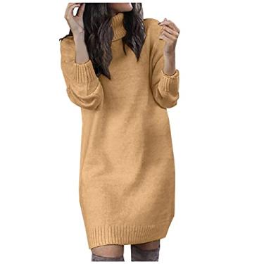 Imagem de Vestido feminino de crochê de tricô slim túnica para mulheres manga longa barco gola tartaruga suéter vestido inverno outono 2023, T-94 cáqui, G