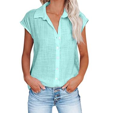 Imagem de Camisetas femininas de linho com gola de tartaruga para inverno outono manga curta caimento solto cardigã longo camisetas femininas 2024, A-775 Azul royal, XG