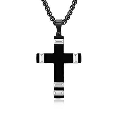 Imagem de Colar masculino de aço inoxidável, preto, azul, crucifixo de aço de titânio, pingente de cruz religiosa com corrente de 61 cm, presente de aniversário para marido, pai, namorado, filho, Aço