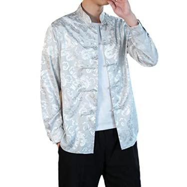 Imagem de Camisas masculinas de seda com gola mandarim de cetim branco tamanho grande com camisas masculinas vermelho dragão, Cinza 9, 3G