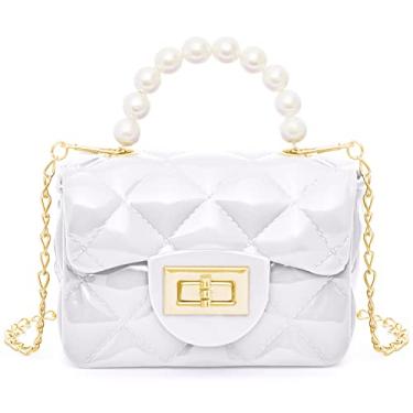 Imagem de AUGUST 18 Mini bolsas coloridas para meninas, linda bolsa infantil para meninas, bolsa tiracolo moderna bolsa de ombro para crianças com corrente dourada alça de pérola, Branco, One Size