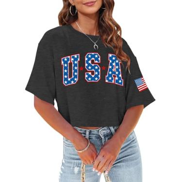 Imagem de Camiseta cropped feminina com bandeira americana EUA camiseta patriótica 4 de julho Memorial Day camiseta feminina cropped tops, Cinza-escuro, GG