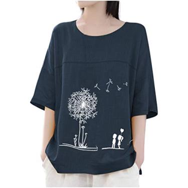 Imagem de Camisetas femininas de linho, manga 3/4, mistura de algodão, blusas casuais, soltas, gola redonda, túnicas com estampa de dente-de-leão, Azul-marinho, 3G
