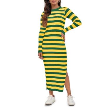 Imagem de Wenrine Vestido feminino listrado manga comprida gola redonda malha slim fit dividida outono vestido midi casual, Verde, P