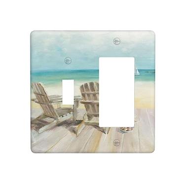 Imagem de Beach Seascape 2 Gang Combin Toggle Rocker Light Switch Cover Blue Ocean Decorativa Placa de Parede Placa Frontal Cadeira de Praia Elétrica Costeira GFCI para Banheiro Quarto Decoração de Casa