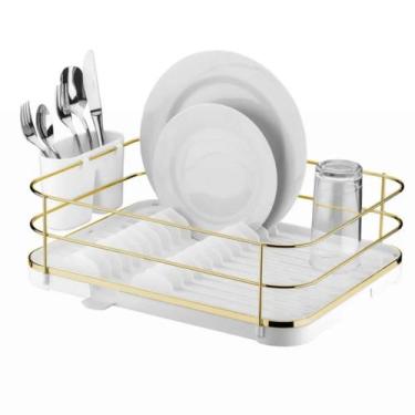 Imagem de Escorredor De Louças 12 Pratos Branco Aço Dourado Bandeja de Escoament