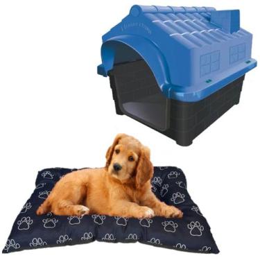 Imagem de Kit Caminha Lavável 70cm + Casa Pet Doméstico Animal N4 Azul - MecPet