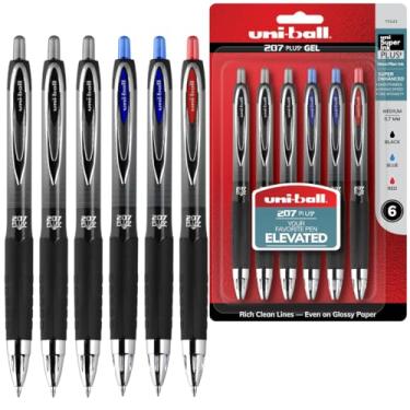 Imagem de uni-ball 207 Plus+ Caneta de gel retrátil pacote com 6 em cores sortidas com pontas de ponta média de 0,7 mm, a Uni-Super Ink é suave, vibrante e protege contra água, desbotamento e fraude