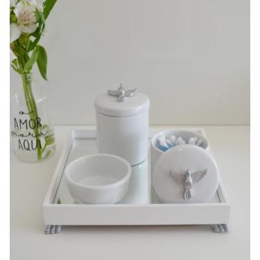 Imagem de Kit Higiene K049 Bandeja MDF Porcelanas Apliques Prata Quarto Bebê - C