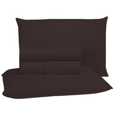 Imagem de Jogo de Lençol Casal 400 Fios Micro Percal Toque Aveludado 4 Peças Roupa de Cama com Elástico e Fronhas (Tabaco)