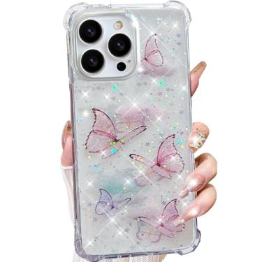 Imagem de Changjia Capa para iPhone 16 Pro Max Clear Glitter Butterfly Case, Cute Bling Sparkle Stars Soft TPU bumper quatro cantos à prova de choque fina capa protetora para mulheres e meninas para iPhone 16