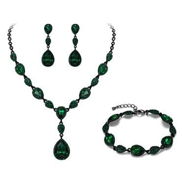 Imagem de EleQueen Brincos femininos pendentes de zircônia cúbica lágrima flor casamento noiva Y colar conjunto de pulseira de tênis