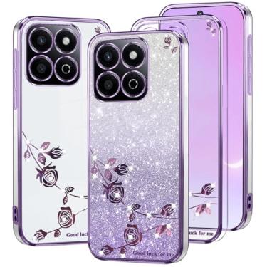 Imagem de Kainevy Capa para Honor X7c transparente com glitter fofo rosa floral brilhante capa para mulheres Honor X7c capa de telefone fina de silicone TPU à prova de choque proteção diamante brilhante luxo