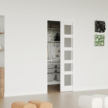 Imagem de Lakenyon Porta de bolso deslizante, 76 cm x 203 cm, vidro fosco de 5 painéis com moldura e kit de ferragens, madeira maciça e placa interna com primer branco MDF para portas de bolso, pré-perfurada