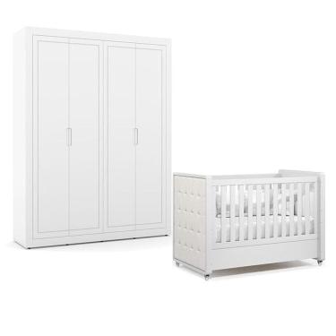 Imagem de Berço Americano com Capitonê New Boucle e Guarda Roupa Tutto New 4 Portas Branco Acetinado - Matic