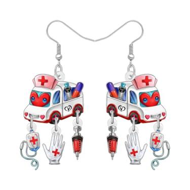 Imagem de DUOWEI Brincos de acrílico divertidos para o Dia da Enfermeira, com tema médico, feito à mão, ambulância, berloque de ambulância, joia paramédica para mulheres, mãe, RN enfermeira, semana, presentes
