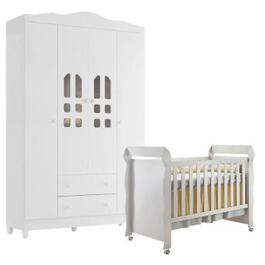 Imagem de Berço Americano Mirelle e Guarda Roupa New Selena 4 Portas Branco Brilho – Carolina Móveis