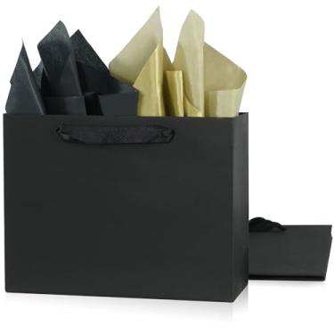 Imagem de Pacote com 3 sacos de presente pretos extragrandes de 37 x 13 x 30 cm com papel de seda, sacos de compras de papel kraft com alças de fita, perfeitos para embrulho de varejo, aniversários, casamentos