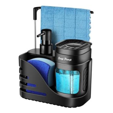 Imagem de Conjunto de dispensador de sabão de cozinha, dispensador de sabão manual e de louça para pia de cozinha, dispensador de sabão duplo 4 em 1 com suporte de esponja e suporte de pano de prato (preto)