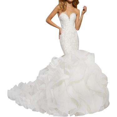 Imagem de Vestido de noiva de sereia vestidos de noiva longos decote de renda de moda nupcial, branco, 46