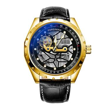 Imagem de FORSINING Relógio de pulso masculino de luxo mecânico grande 48 mm esqueleto transparente à prova d'água automático analógico, Preto e dourado, Moda casual
