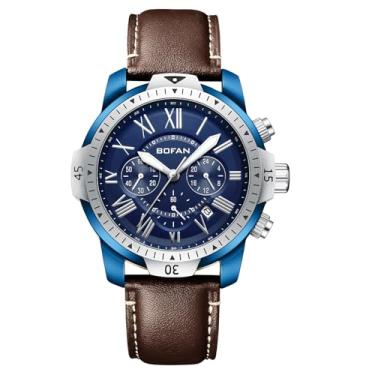 Imagem de BOFAN Relógio masculino cronógrafo de quartzo com pulseira de couro, mostrador vintage multifuncional, data automática, resistente à água (cor azul-café), Cor azul-café