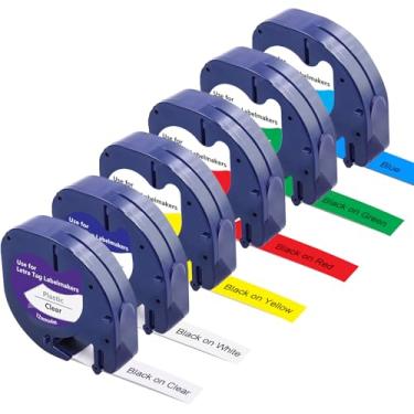 Imagem de Compatível com fita de etiqueta Dymo de substituição para fita adesiva Dymo 12 mm x 4 m para Dymo LetraTag LT-100H LT-100T XR, plástico branco, transparente, vermelho, azul, amarelo, verde, 6 cores