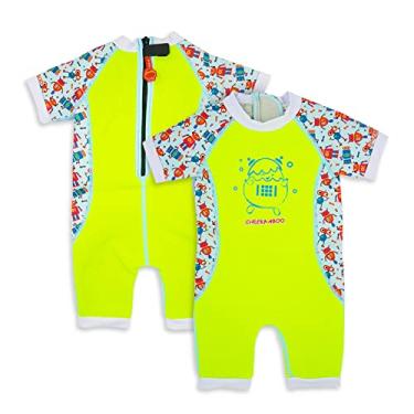Imagem de Cheekaaboo Warmiebabes Roupa de banho para bebês e crianças, maiô térmico para bebês feito com neoprene FPS 50+, roupa de mergulho de secagem rápida, Verde claro/robô, 18-30 Months